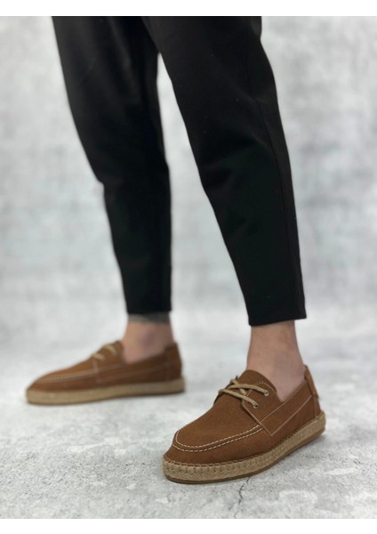 SBO0358 Boa Doğal Deri Tozu Bağcıklı Kauçuk El Yapımı Espadril Taban Taba Renk Erkek Ayakkabı