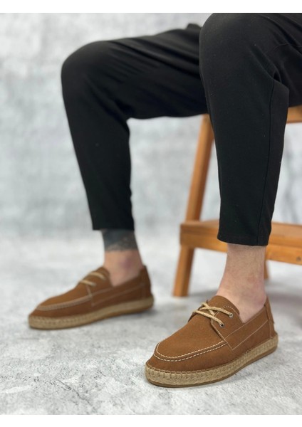SBO0358 Boa Doğal Deri Tozu Bağcıklı Kauçuk El Yapımı Espadril Taban Taba Renk Erkek Ayakkabı