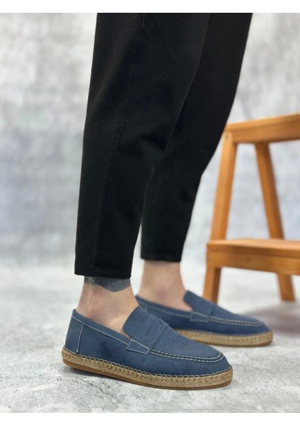SBO0359 Boa Doğal Deri Tozu Bağcıksız Kauçuk El Yapımı Espadril Taban Mavi Renk Erkek Ayakkabı