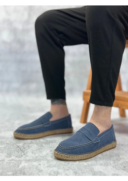 SBO0359 Boa Doğal Deri Tozu Bağcıksız Kauçuk El Yapımı Espadril Taban Mavi Renk Erkek Ayakkabı