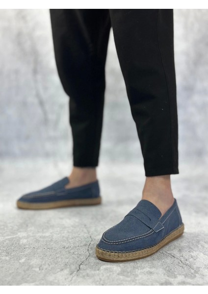 SBO0359 Boa Doğal Deri Tozu Bağcıksız Kauçuk El Yapımı Espadril Taban Mavi Renk Erkek Ayakkabı