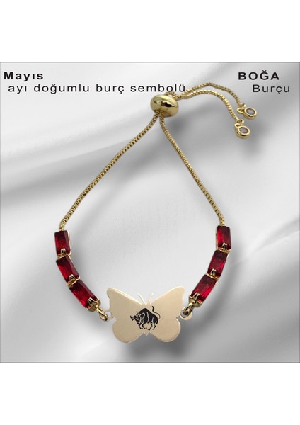 Kelebek Figürlü 14 Ayar Altın Plakalı Burç Semboller Desenli Özel Kırmızı Taşlı Bileklik