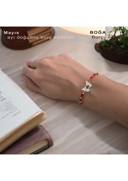 Kelebek Figürlü 14 Ayar Altın Plakalı Burç Semboller Desenli Özel Kırmızı Taşlı Bileklik fiyatları
