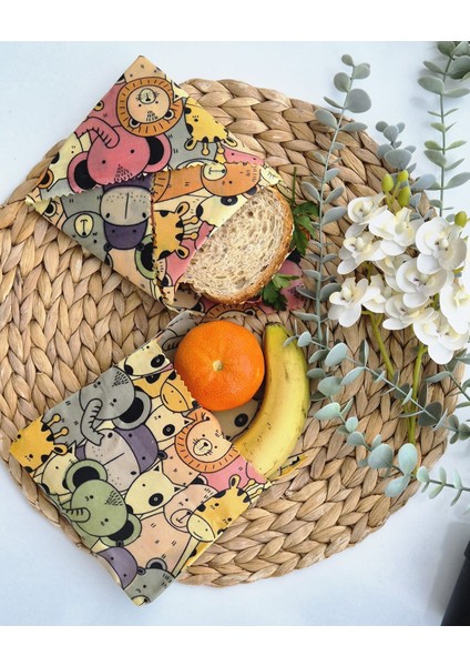 Balmumu Tekrar Kullanılabilen Gıda Saklama Bezleri 4 Bez 1 Küçük Kese(Doğal,balmumlu)Kids And Lemon