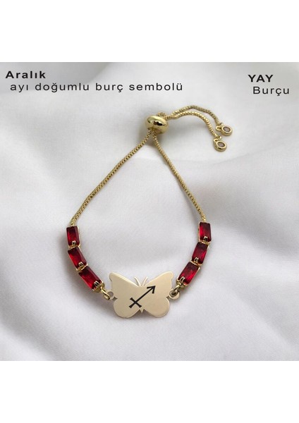 Kelebek Figürlü 14 Ayar Altın Plakalı Astroloji Burç Semboller Desenli Kırmızı Taşlı Bileklik
