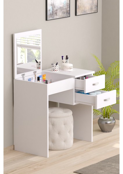 Luxe Makyaj Masası Aynalı 2 Çekmeceli Beyaz