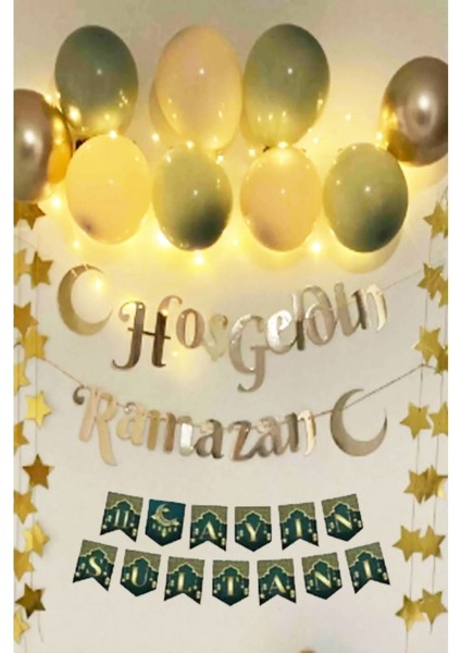 Hoşgeldin Ramazan Gold Yazı Ledli Zincir Balon Seti 11 Ayın Sultanı Ramazan Ev Süsleme Seti