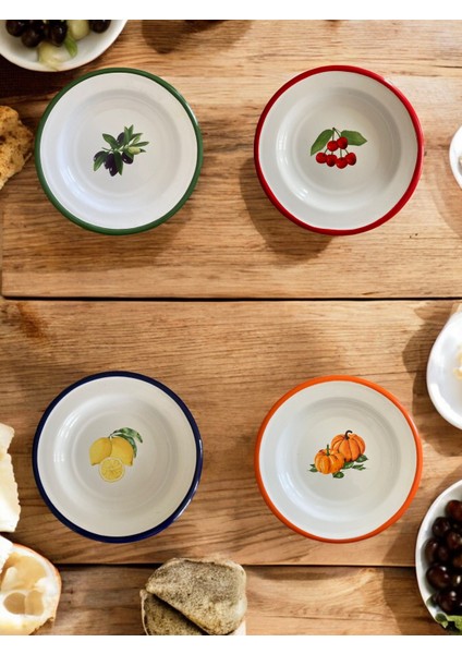 4 Adet 16 Cm Emaye Yemek Tabağı, Servis Tabağı, Emaye Tabak, Meze Tabağı, Sunum, Meyve, Marine Set