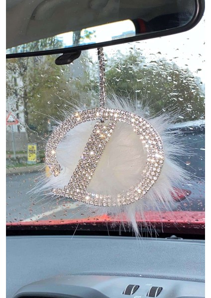 Swarovski Gümüş Taşlı Dikiz Ayna Kolye Süsü Beyaz Tüylü D Harfi