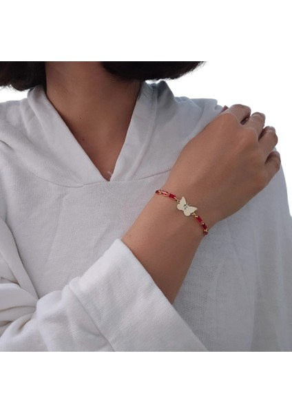 Kelebek Figürlü 14 Ayar Altın Plakalı Özel Semboller Detaylı Kırmızı Taşlı Bileklik fiyatları