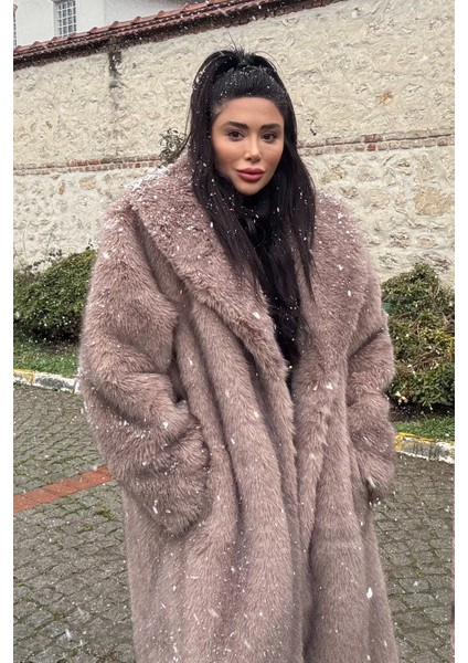 Premium Şal Yaka Mob Wife Suni Kürk Maxsi Kadın Kaban