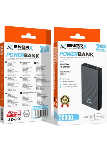 Enerx Powerbank 20000 mAh 1.0 Amper ENR-P20A Siyah