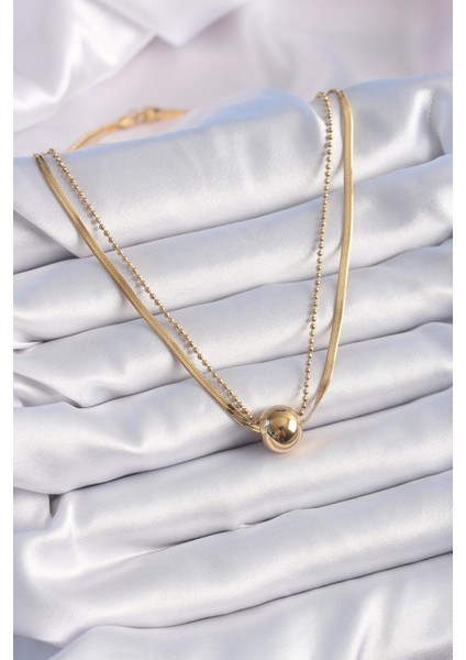 316L Çelik Gold 2'li Italyan Zincir Model Top Model Kadın Kolye