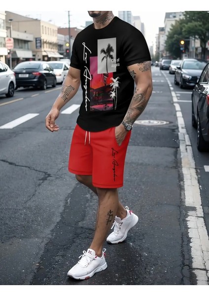 Büyük Beden Özel Tasarım Los Angeles Palmiye Baskılı Yeni Trend Erkek T-Shırt Şort Takımı