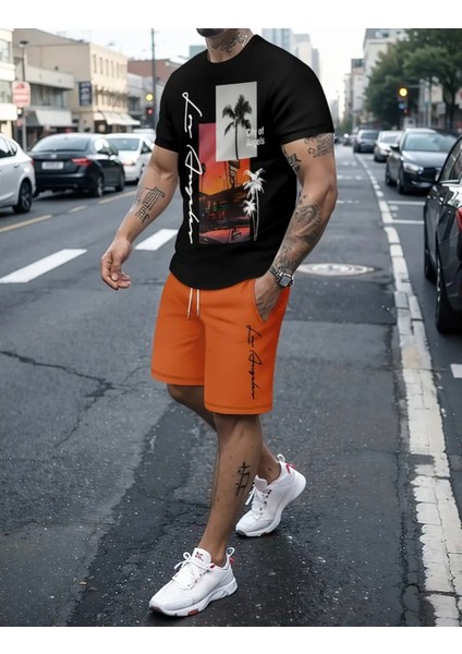 Büyük Beden Özel Tasarım Los Angeles Palmiye Baskılı Yeni Trend Erkek T-Shırt Şort Takımı