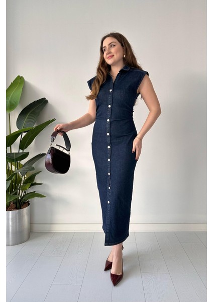 Düğme Detay Denim Elbise Lacivert