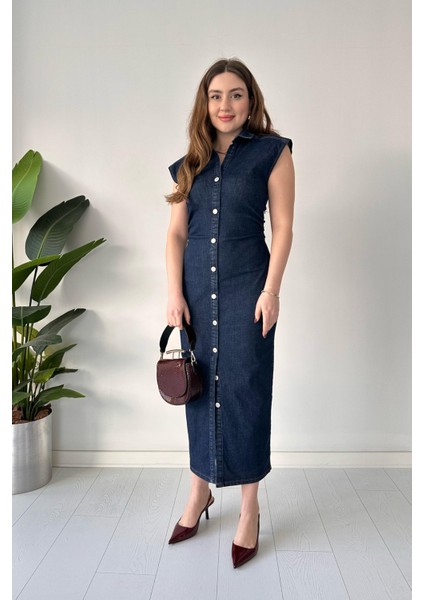 Düğme Detay Denim Elbise Lacivert