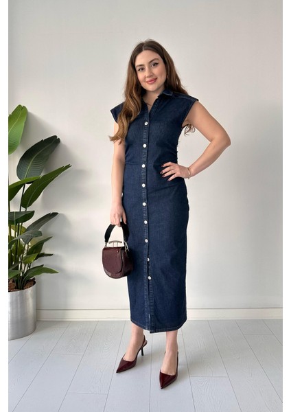 Düğme Detay Denim Elbise Lacivert