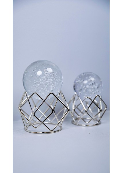 2'li Örgü Metal Küre Gümüş, 2’li Metal Ayaklı Cam Küre Takım Sehpa Masa Konsol Dekoratif Obje Biblo