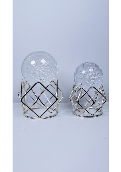 2'li Örgü Metal Küre Gümüş, 2’li Metal Ayaklı Cam Küre Takım Sehpa Masa Konsol Dekoratif Obje Biblo fiyatları