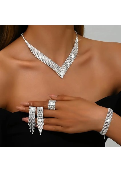 Luxury Kristal Taş Püskül Kolye + Küpe + Bileklik Takı Seti Gümüş Kaplama