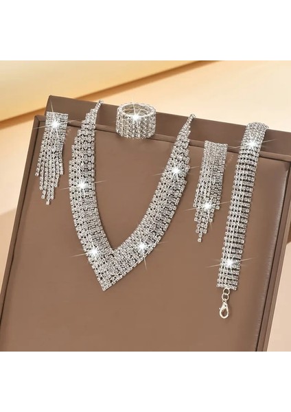Luxury Kristal Taş Püskül Kolye + Küpe + Bileklik Takı Seti Gümüş Kaplama fiyatları