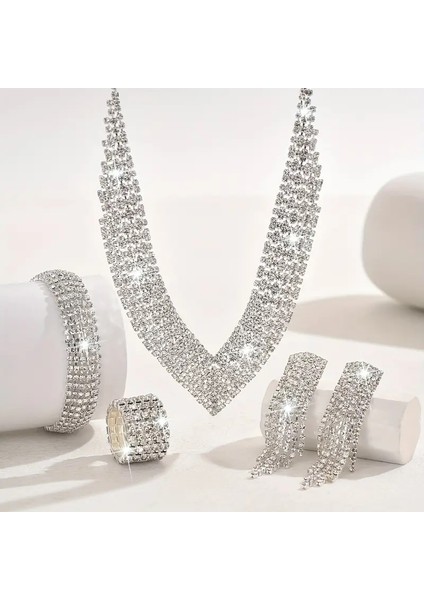 Luxury Kristal Taş Püskül Kolye + Küpe + Bileklik Takı Seti Gümüş Kaplama modelleri