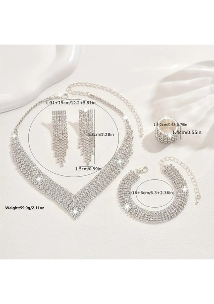 Luxury Kristal Taş Püskül Kolye + Küpe + Bileklik Takı Seti Gümüş Kaplama fırsatları