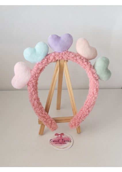 Renkli Kalpli Peluş Pembe Çocuk Taç