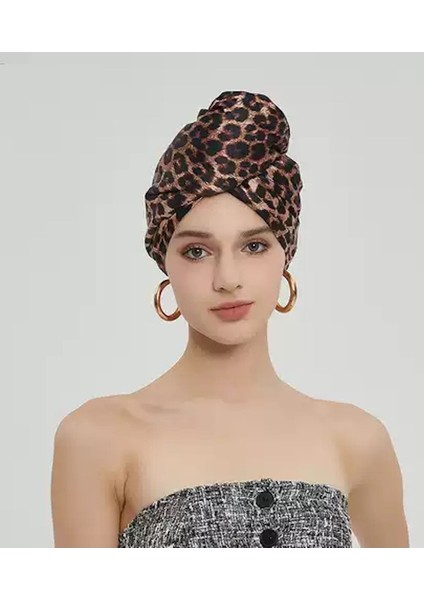 Leopar Desenli Saç Havlusu/bonesi Lastikli