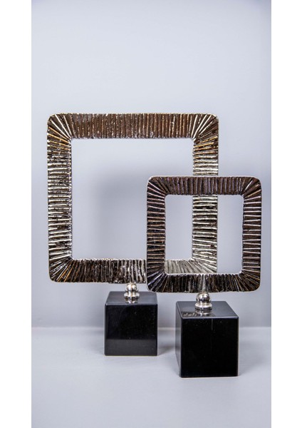 2'li Çizgili Kare Çerçeve Dekor Gümüş, 2’li Mermer Ayaklı Metal Çerçeve Takım Dekoratif Obje Biblo