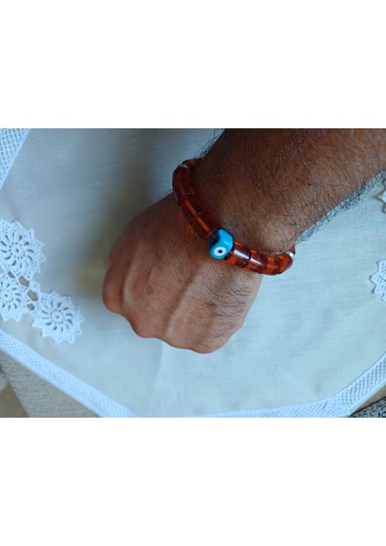 Erkek Kehribar Bileklik Düz Kesim Nadir Boncuk Tasarım