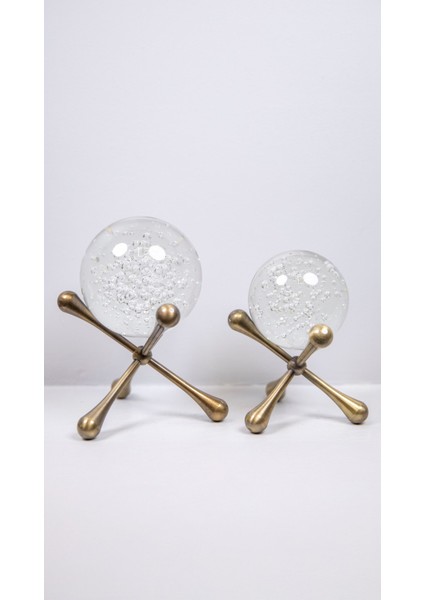 2'li Kristal Küreli Metal Obje Eskitme, 2li Cam Küre Takım Sehpa Masa Konsol Dekoratif Obje Biblo
