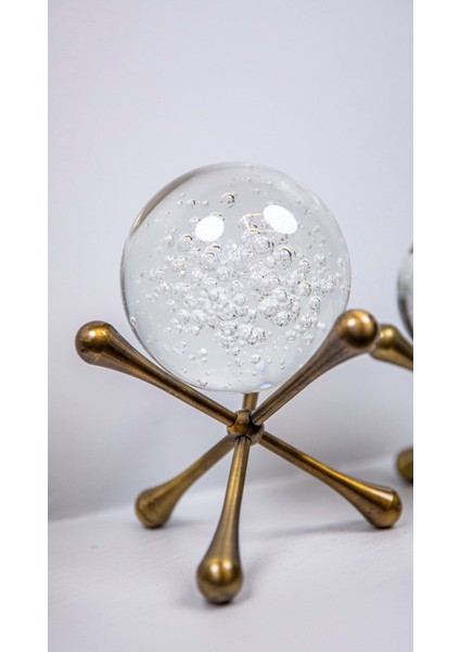 2'li Kristal Küreli Metal Obje Eskitme, 2li Cam Küre Takım Sehpa Masa Konsol Dekoratif Obje Biblo modelleri