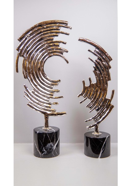 2’li Yarım Ikon Dekor Gümüş, 2’li Mermer Ayaklı Metal Ikon Takım Dekoratif Obje Biblo Süs Eşya