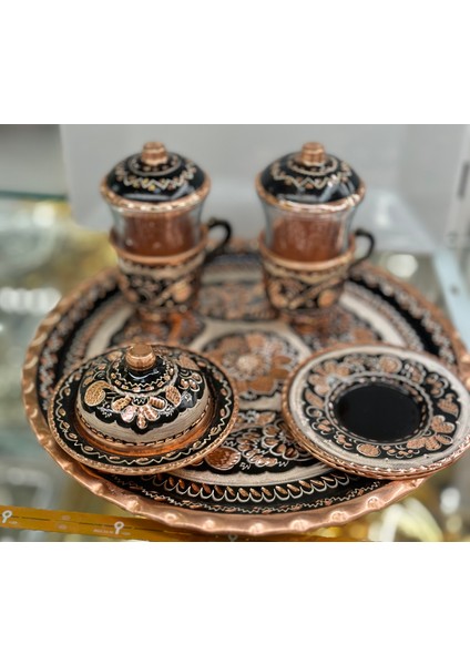 Bakır Tepsili Çay Bardağı Seti 2 Kişilik El Işlemeli Siyah Erzincan modelleri