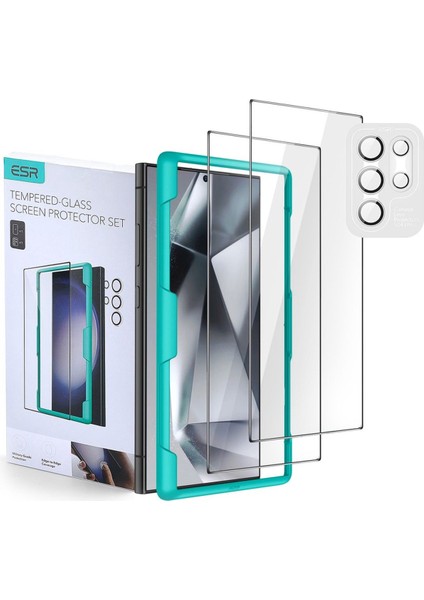 Samsung S24 Ultra Uyumlu Ekran Koruyucu Temperli Cam (2'li Paket) + Kamera Koruyucu +Montaj Çerçevesi