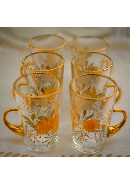 Kulplu Çay Bardağı 6 Kişilik Vintage Sarı Papatyalar