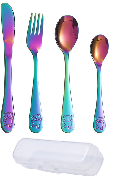 Paslanmaz Çelik Çocuk Çatal Kaşık Bıçak Seti + Saklama Kutusu Ayı Figürlü (5 Parça)