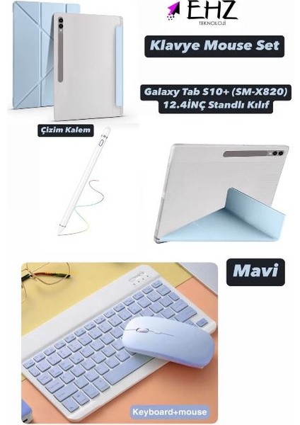Galaxy Tab S10+(SM-X820) 12.4inç Uyumlu Standli Tablet Kilif + Bluetooth Klavye Mouse + Kalem Set