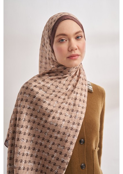 Monogram Desen Ithal Vual Şal - Bej-Kahve