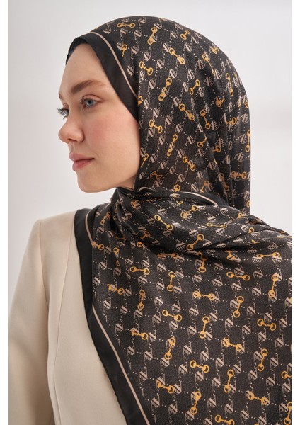 Monogram Desen Ithal Vual Şal - Siyah-Krem