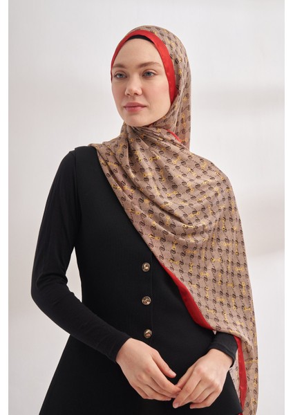 Monogram Desen Ithal Vual Şal - Bej-Kırmızı modelleri