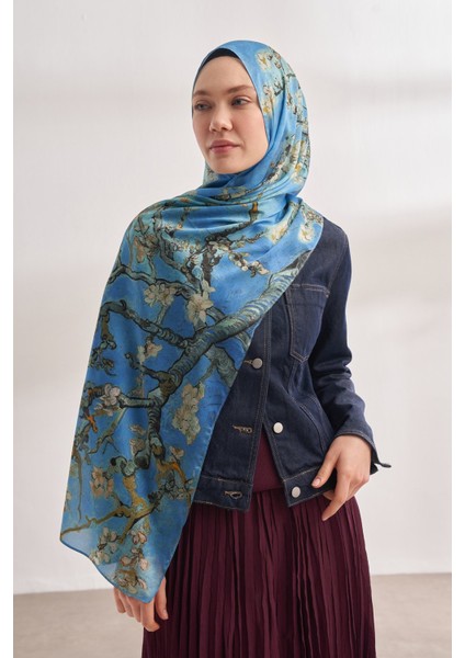 Van Gogh Imzalı Ünlü Almond Blossoms Desen Şal - Kot Mavisi