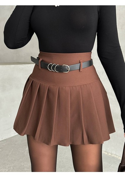 Yeni Sezon Pileli Kemerli Astar Şortlu Kadın Mini Etek