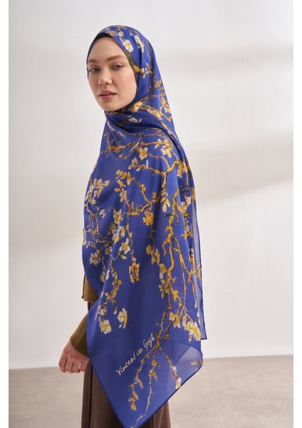 Van Gogh Imzalı Ünlü Almond Blossoms Desen Şal - Parlement Mavisi