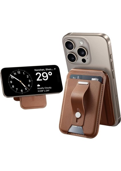 5 Kart Için Cüzdan Standı, Manyetik Parmak Halkalı Kart Tutucu, Magsafe ve Halolock ile Uyumlu, Kahve