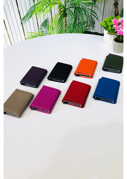 Unisex Mat Mavi Deri Otomatik Mekanizmalı Kişiye Özel Kartlık Cüzdan