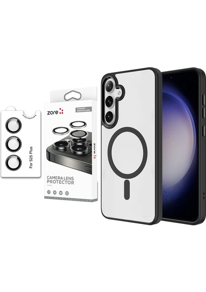 Galaxy S25 Plus Kılıf Magsafe Şarj Özellikli Zore Krom Magsafe Silikon Kapak + Premium Safir Anti-Reflective Kamera Lens Koruyucu