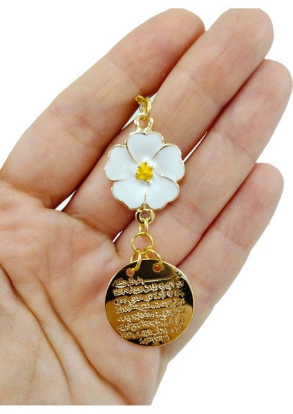 Metal Ayetel Kürsi Araba Dikiz Ayna Süsü El Yapımı Lüks Aksesuar Beyaz Papatya Boncuklu